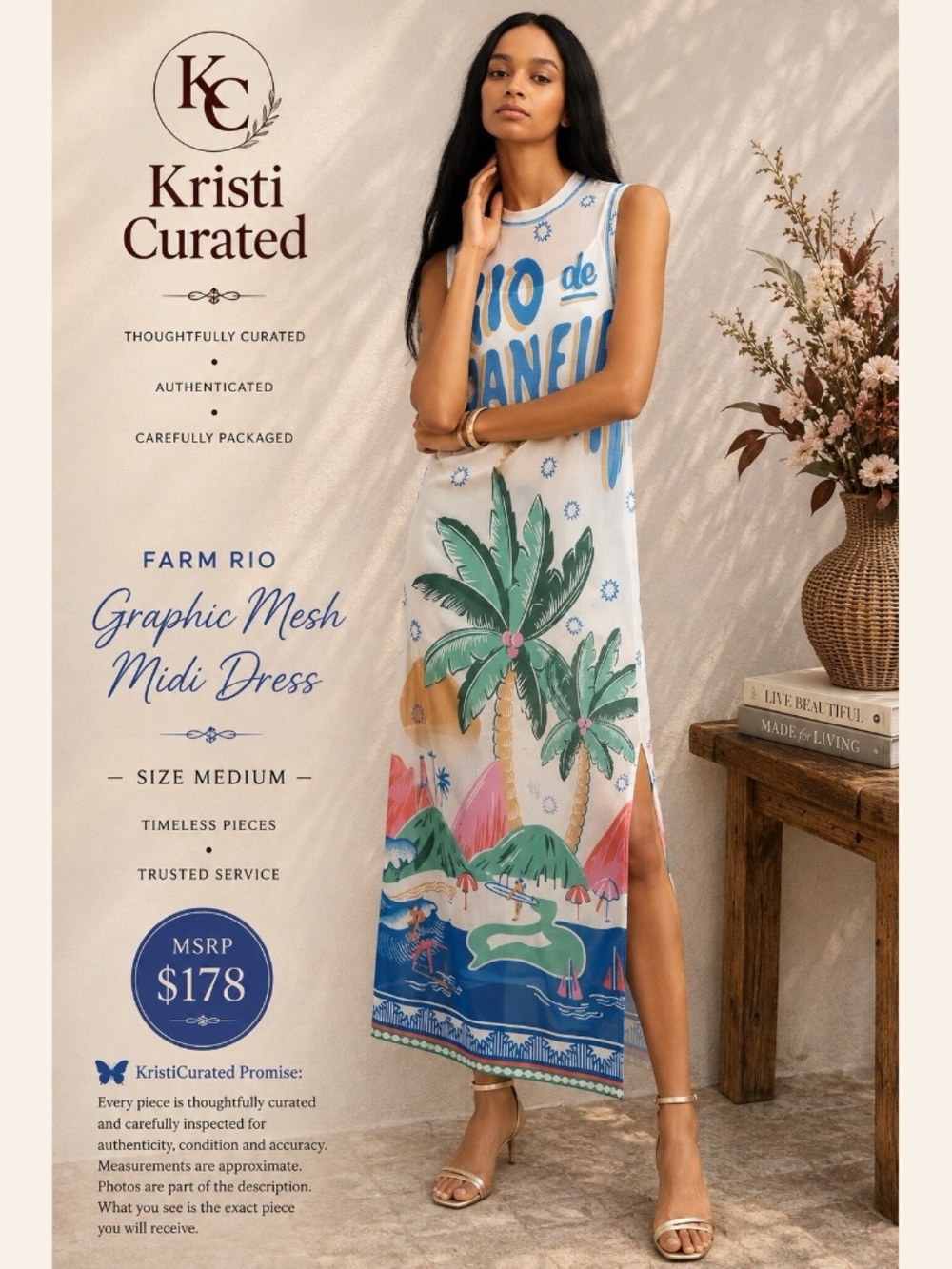 🦋 FARM RIO Graphic Mesh Midi Dress — Size M
